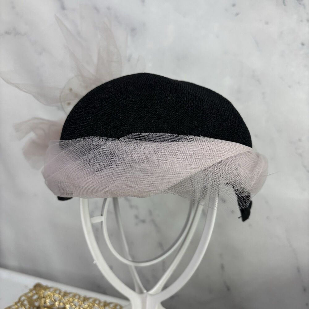 Vintage 1950s 60s Woven Cloche Hat Pink Tulle Bow Star Cocktail Fascinator MCM - Picture 6 of 14